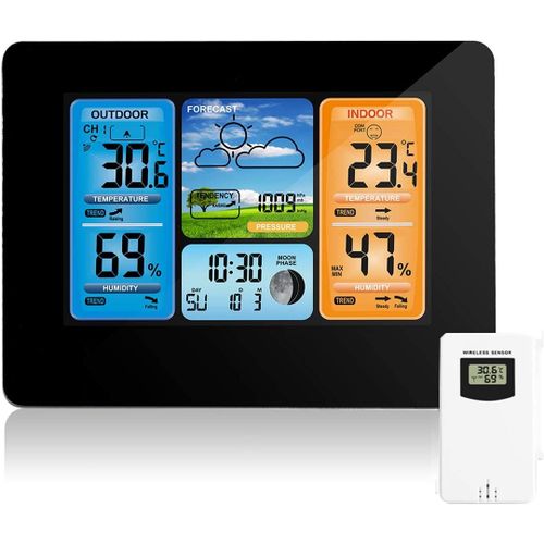 Station météo sans fil numérique couleur Thermomètre Intérieur Extérieur Humidité Baromètre Alarme Phase de lune Horloge météo avec capteur extérieur