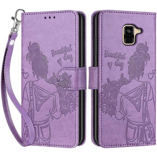 Coque Pour Samsung Galaxy A8 2018, Housse En Cuir Pu Flip Pochette Portefeuille Étui Avec Emplacement Carte Samsung A8 2018 Coque Magnétique Antichoc Fille - Violet