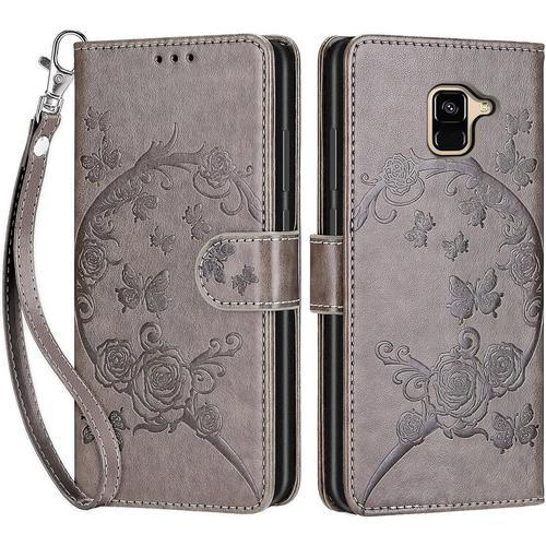 Coque Pour Samsung Galaxy A8 2018, Housse En Cuir Pu Flip Pochette Portefeuille Étui Avec Emplacement Carte Samsung A8 2018 Coque Magnétique Antichoc Papillon - Gris