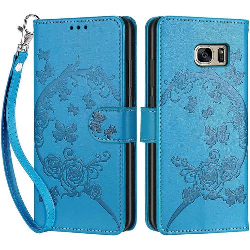 Coque Pour Samsung Galaxy S7, Housse En Cuir Pu Flip Pochette Portefeuille Étui Avec Emplacement Carte Samsung S7 Coque Magnétique Antichoc Bleu