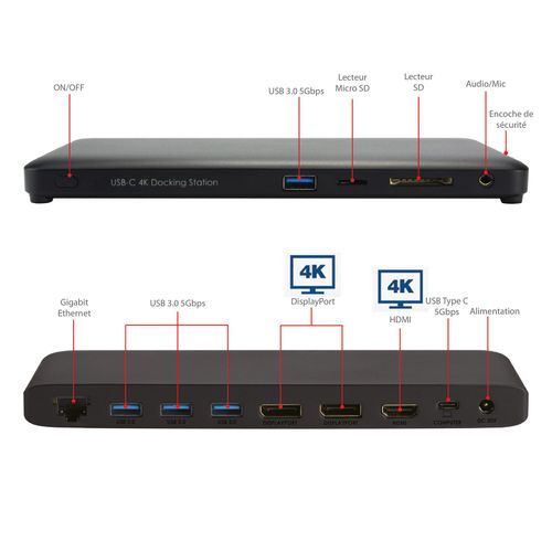 Station d'accueil 12 ports, HDMI, DP, RJ45, USB 3.0, PD 100W