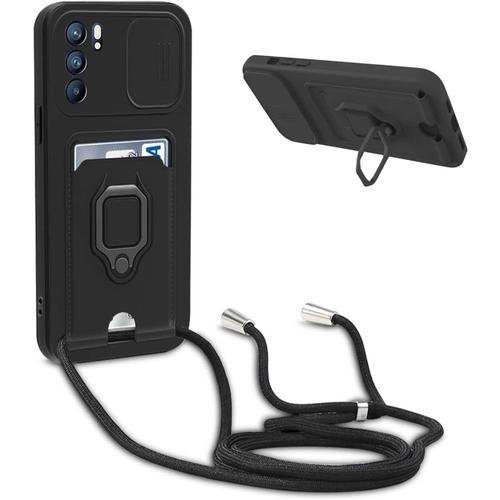 Coque Avec Cordon Pour Oppo Reno 6 5g,Collier Pour Étui Colliers De Cellulaire Réglable Corde Silicone Souple Case,Protection De La Caméra,Support,Porte Cartes - Noir