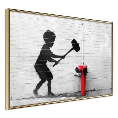 Paris Prix - Affiche Murale Encadrée "Banksy Hammer Boy" 30 X 20 Cm Or