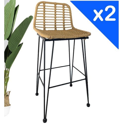 Kosmi - Lot De 2 Tabourets De Bar Style Nature Aspect Rotin En Résine Tressée Et Pieds En Métal Noir