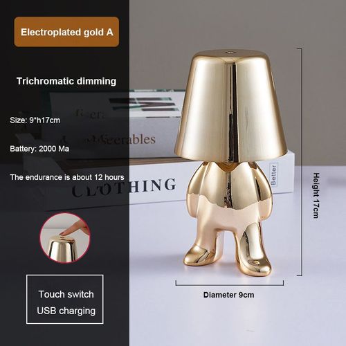 Lampe Design Petit Homme Doré D'italie, Art Déco, Pour Bureau, Café, Bar, Table De Chevet, Chambre D'enfant, Frères