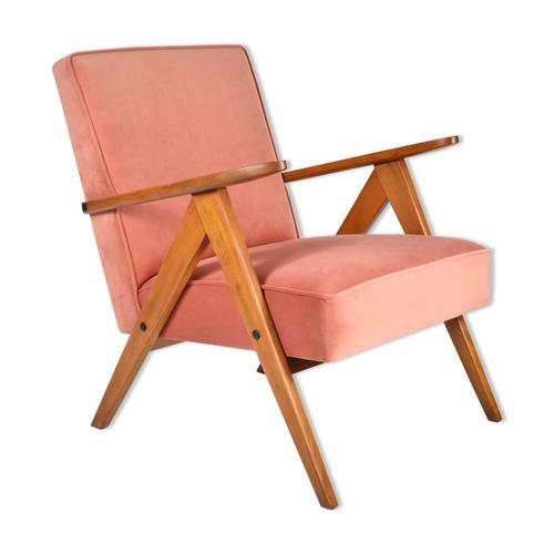 Modle Fauteuil En Velours Vintage Var Annes 1960 Entirement Restaur Tissu Rose Teck Rose