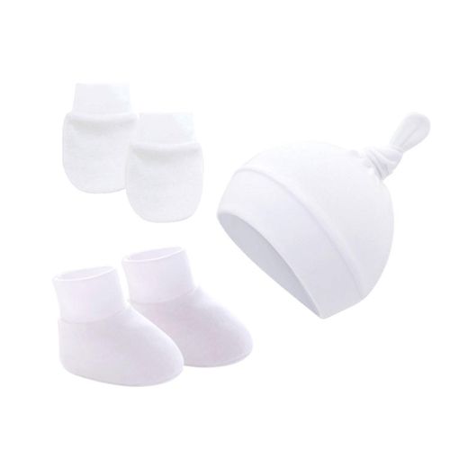 Nouveau-Né Bébé Coton Beanies Hospital Hat And Mittens Set Solid Color Stretchy