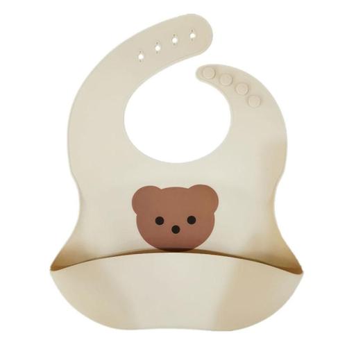 Baby Newborn Food Grade Silicone Waterproof Bib Bear Print Feeding Food Catcher Apron With Pocket Adjustable Tableware