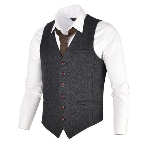 Voboom-Gilet À Simple Boutonnage Pour Homme,Veste En Tweed Imbibé De Café,Mélange De Laine À Chevrons