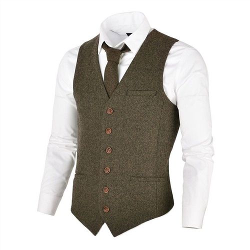 Voboom-Gilet À Simple Boutonnage Pour Homme,Veste En Tweed Imbibé De Café,Mélange De Laine À Chevrons