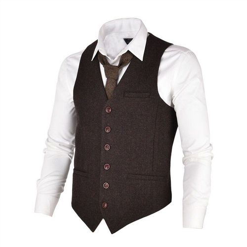Voboom-Gilet À Simple Boutonnage Pour Homme,Veste En Tweed Imbibé De Café,Mélange De Laine À Chevrons