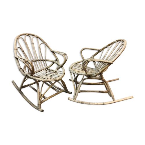 Paire De Rockingchairs En Rotin Jaune