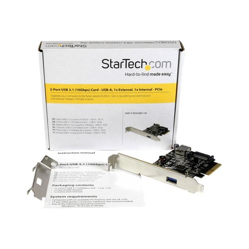 StarTech.com Carte contrôleur PCI Express à 2 ports USB 3.1 (10 Gb/s) - 1 USB-A externe 1 USB-A interne - Adaptateur PCIe USB 3.1 - Adaptateur USB - PCIe x4 profil bas - USB 3.1 x 2 - pour P/N:...