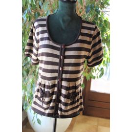 Gilet Neuf Camaieu Adorable Avec Ses 2 Petites Poches Froncèes À Rayures Marron/Beige.Taille Étiquetèe: 4 (42).