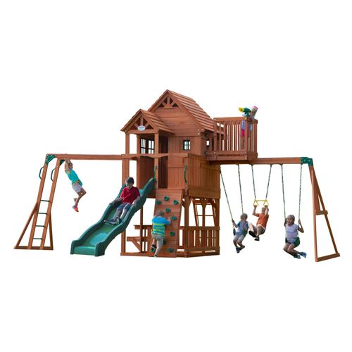 Aire De Jeux En Bois | Avec Balançoire / Toboggan / Bac De Sable / Mur D'escalade / Cadre D'escalade / Barre De Trapèze | Maison Enfant Exterieur - Backyard Discovery Skyfort Ii