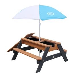 Axi Nick Table Sable Et Eau / Table Pique Nique Avec Parasol, Bois Gris & Marron | Table Jeux D'eau Avec Couvercle, Boîtes De Rangement & Parasol | Table D Eau Extérieur Pour Le Jardin - 95x97x48cm