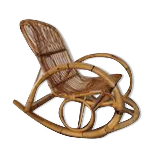 Rocking Chair En Rotin 1950 Marron