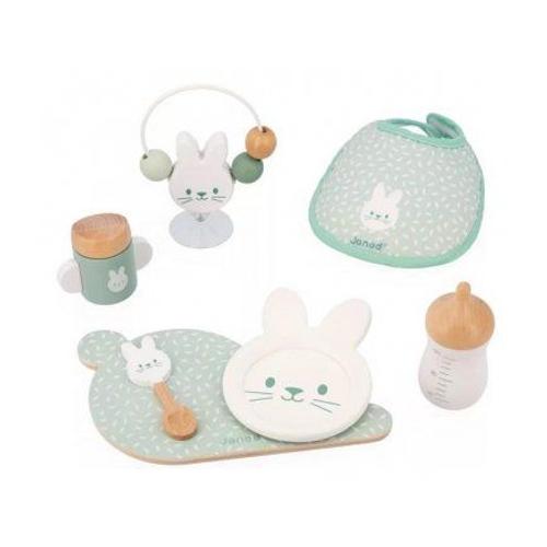 Coffret Repas Et Jouet 7 Accessoires Pour Poupon Et Poupee - Bois Et Tissu, Collection Lapin Zen - Set Jeu Imitation Fille Et Carte