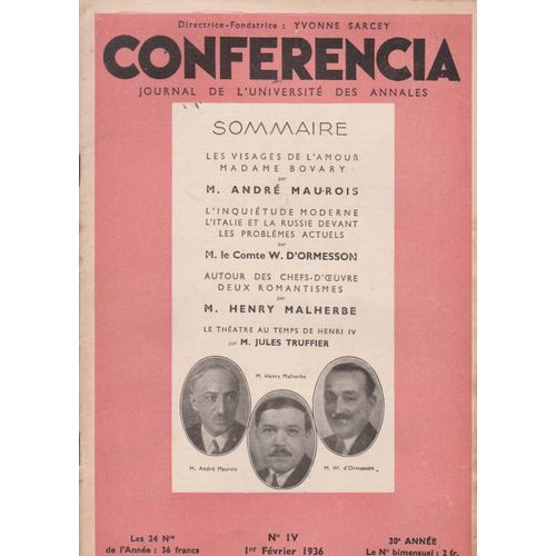 Conferencia N Iv . Fevrier 1936 .Andre Maurois . Le Comte W D Ormesson . Henry Malherbe . Le Theatre Au Temps De Henri Iv Par Truffier