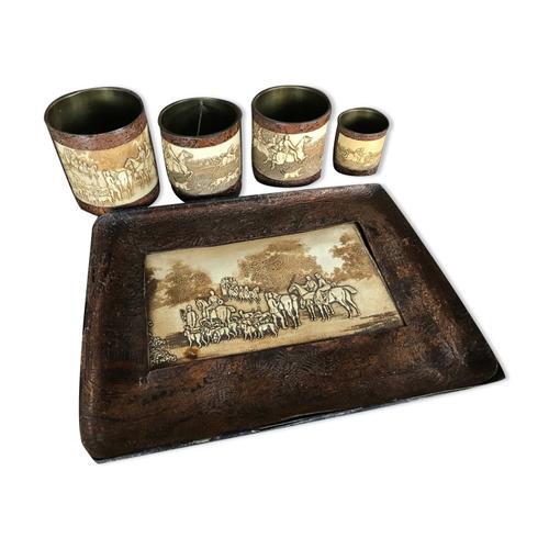 Ncessaire De Bureau Ancien Laiton Et Cuir 1 Plateau Avec 4 Pots Dcor Chasse  Courre Marron