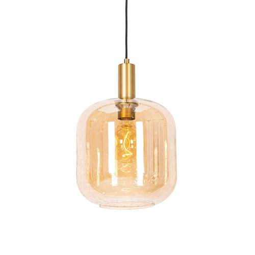 Qazqa Design Design Hanglamp Zwart Met Messing En Amber Glas - Zuzanna Verre /Acier Orange,Doré/Laiton Rond / Luminaire / Lumiere / Éclairage / Intérieur / Salon / Cuisine E27 Max. 1 X 40...