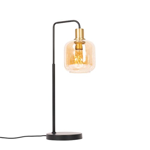 Qazqa Design Design Tafellamp Zwart Met Messing En Amber Glas - Zuzanna Verre /Acier Orange,Noir,Doré/Laiton Rond / Lampe De Lecture / Luminaire / Lumiere / Éclairage / Intérieur / Salon E27...