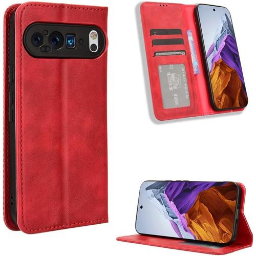 Coque Pour Google Pixel 9 Pro Etui Protection Haute Qualité Housse Cuir Pu Magnétique Étui Portefeuille Antichoc Avec Emplacement Carte Crédit Fonction Support Flip Cover Rouge