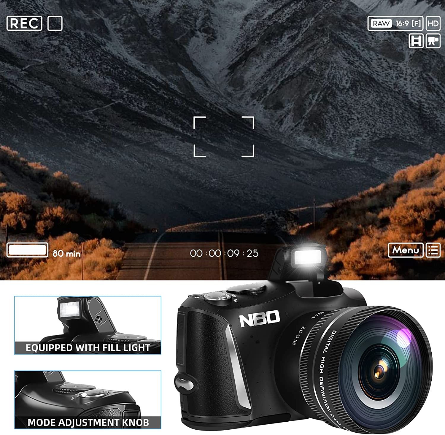 NBD Appareil Photo Numérique 4K,Caméra Vidéo Caméscope Ultra HD 48MP   Vlogging Caméra avec Objectif Grand Angle Zoom Numérique 16X Écran 3.0  Appareil Photo Compact pour Débutants Photographie