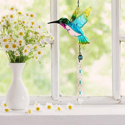 Pendentif Colibri Bleu en cristal - Lustre suspendu - Prisme - Arc-en-ciel - Ornement pour fenêtre - Attrapeur de soleil - Décoration de jardin