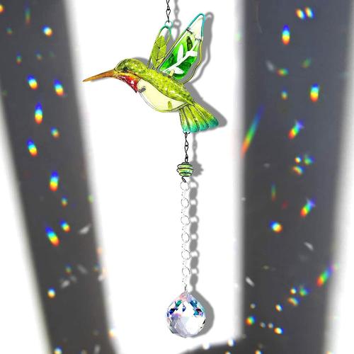 Pendentif Colibri Vert en cristal - Lustre suspendu - Prisme - Arc-en-ciel - Ornement pour fenêtre - Attrapeur de soleil - Décoration de jardin