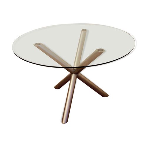 Table De Salle  Manger Italienne Ronde En Verre Fum Et Acier Chrom Annes 1970 Transparent