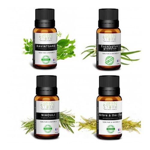 Lots 4 Huiles Essentielles Arbre À Thé, Niaouli, Eucalyptus Globulus, Ravintsara 10ml 