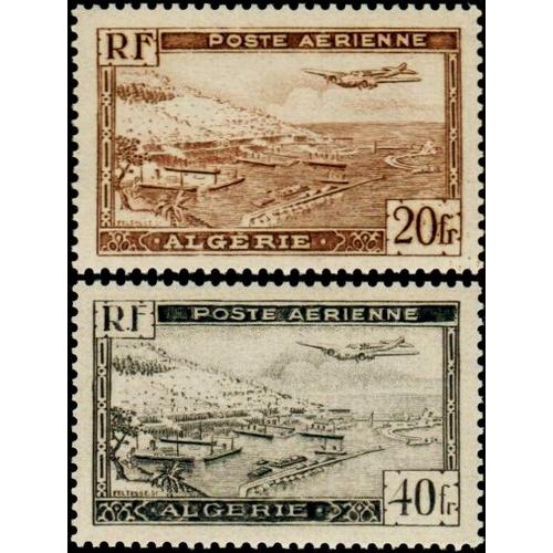 Algérie 1946 / 47, Beaux Timbres De Poste Aérienne Yvert 4 Et 6, Avion Bimoteur Survolant La Rade D'alger, Neuf*