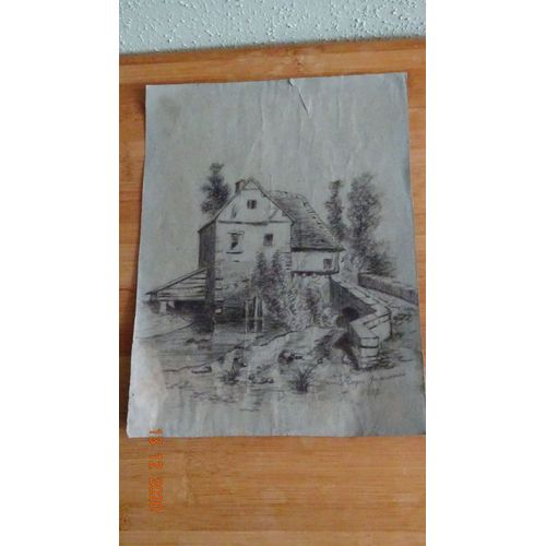 Ancien Dessin En Crayon Sur Papier.