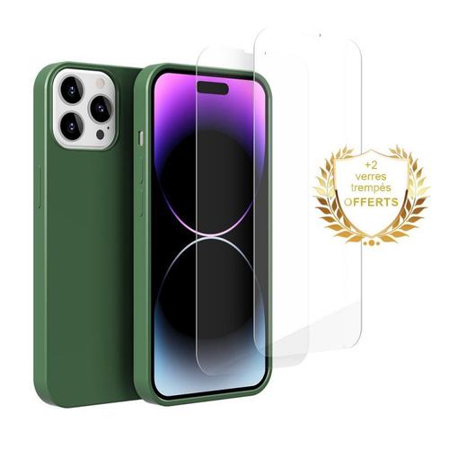 Coque Iphone 14 Pro Max Silicone Liquide Vert Foret + 2 Vitres En Verre Trempé Protection Écran Antichocs Evetane