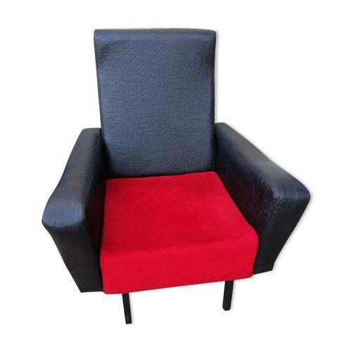 Fauteuil Design 1950 Skai Noir Tissu Rouge Multicolore