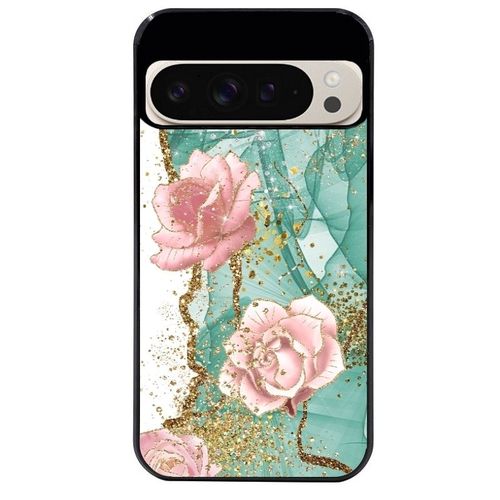 Coque Noire Pour Pixel 9 Marbre Fleur Turquoise