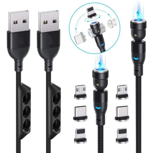 Cable de charge magnétique à 540 degrés Nylon tressé 3A Charge rapide Cable de données magnétique Chargeur de téléphone magnétique universel 3 en 1 Compatible avec les appareils Micro USB, Type C, i-Product 6ft 3Pack