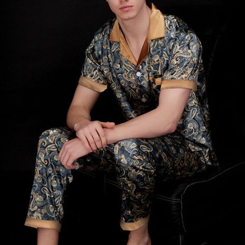 Ensemble De Peignoir Fin D'été En Soie Glacée, Pyjama À Manches Courtes, Pantalon De Pyjama Long Pour Hommes, Ensemble De Peignoir Confortable Et Pratique