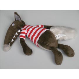 Doudou loup marron gris pull rouge rayé AUZOU