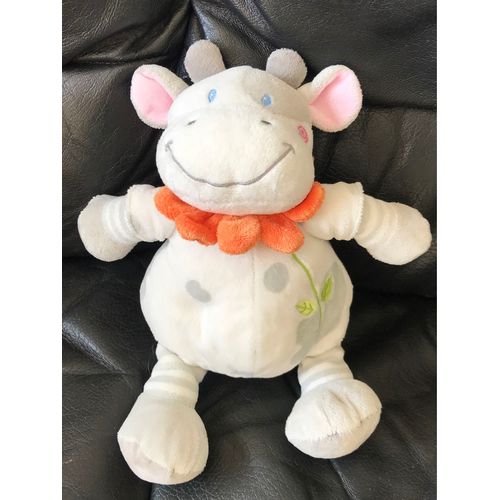 Doudou Boule Vache Gris Et Blanc, Col Orange, Broderie Feuille, Nicotoy 27cm