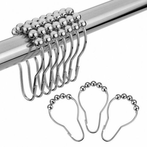 12 Pcs/Pack Argent Ensemble Nickel Satiné Poli 5 Rouleau Boule Anneaux De Rideau De Douche Crochets Salle De Bain Outil Accessoires De Rideau