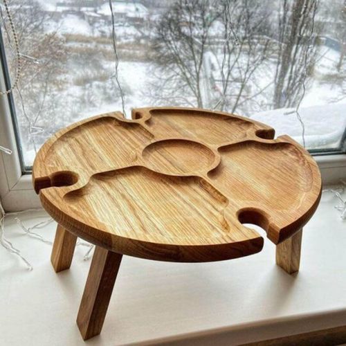 Table À Vin Pliante En Bois Avec Support 2 En 1, Support En Verre À Vin, Randonnée Camping Jardin, Pieds Ronds Et Rétractables De Bureau