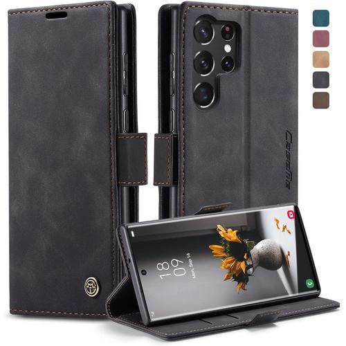 Coque Pour Samsung Galaxy S23 Ultra 5g Case, Etui Protection Housse Premium En Cuir Pu,Etui À Rabat Pochette De Portefeuille Étui Pour Samsung Galaxy S23 Ultra 5g - Noir