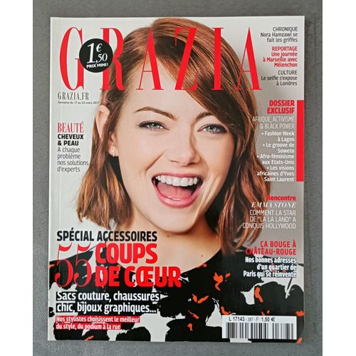 Grazia N° 387 Du 17 Au 23 Mars 2017. Emma Stone La La Land. Special Accessoires 55 Coups De Coeur. Beaute Cheveux Et Peaux. Le Selfie S Expose A Londres. Une Journee A Marseille Avec Melenchon