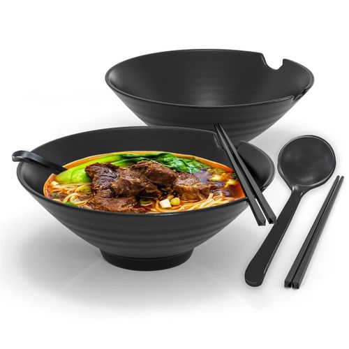 Intirilife Ramen Set 6 Pièces Composé De 2x Bols Ramen 1000 Ml, 2x Baguettes Et 2x Cuillères De Remplissage - Set De Vaisselle Japonaise Traditionnelle En Noir