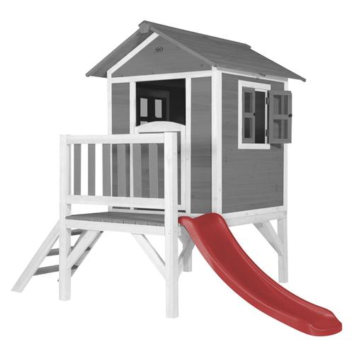 Axi Maison Enfant Beach Lodge Xl En Gris Avec Toboggan En Rouge | Maison De Jeux En Bois Ffc Pour Les Enfants | Maisonnette / Cabane De Jeu Pour Le Jardin