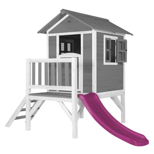 Axi Maison Enfant Beach Lodge Xl En Gris Avec Toboggan En Violet | Maison De Jeux En Bois Ffc Pour Les Enfants | Maisonnette / Cabane De Jeu Pour Le Jardin