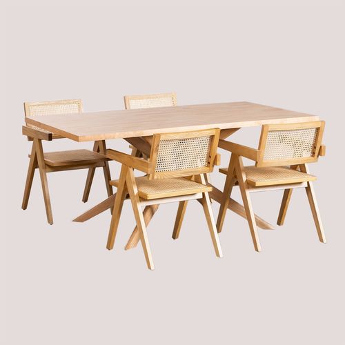 Ensemble Table À Manger Rectangulaire (180x90 Cm) Arnaiz Et 4 Chaises Avec Accoudoirs En Bois De Fresno Et Rotin Style Lali Bois Naturel