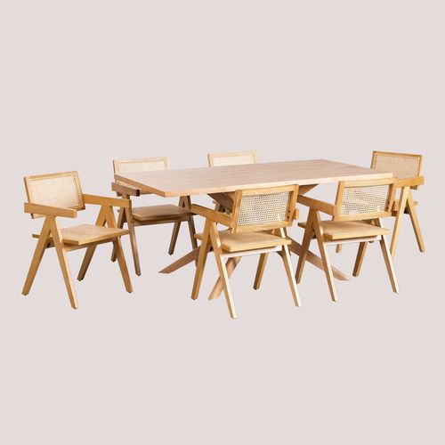 Ensemble Table À Manger Rectangulaire (180x90 Cm) Arnaiz Et 6 Chaises Avec Accoudoirs En Bois De Fresno Et Rotin Lali Style Bois Naturel